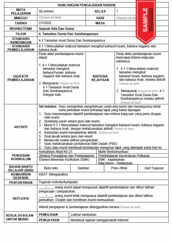 RPH dan RPT Sejarah Tingkatan 1 KSSM