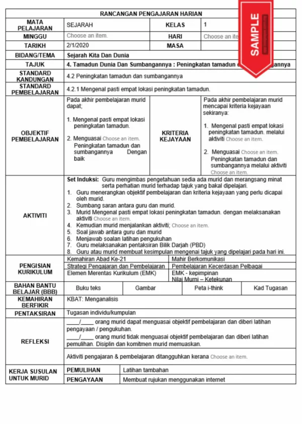 RPH dan RPT Sejarah Tingkatan 1 KSSM