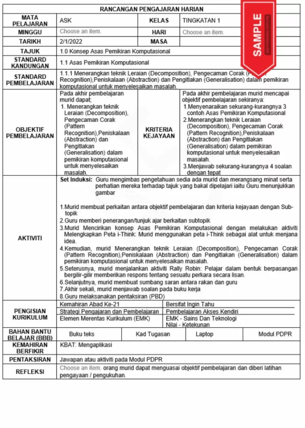 RPH Sains Komputer Tingkatan 1 KSSM