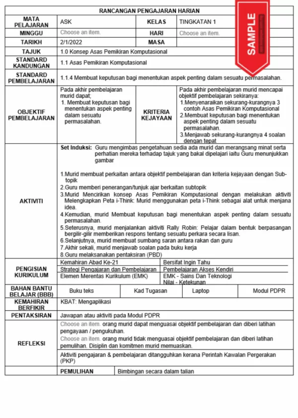 RPH Sains Komputer Tingkatan 1 KSSM