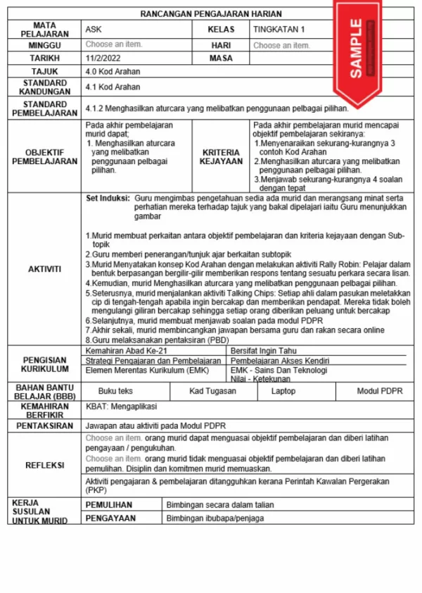 RPH Sains Komputer Tingkatan 1 KSSM