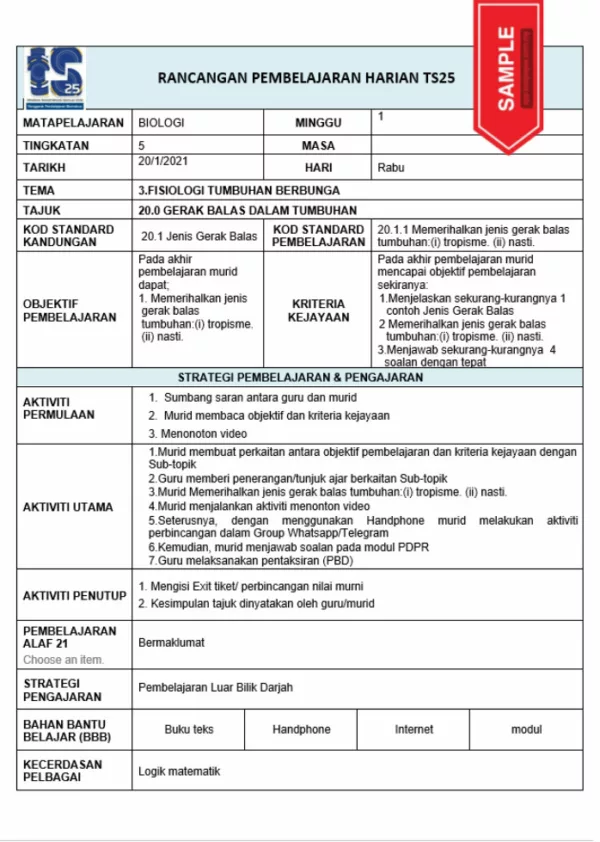 RPH Biologi Tingkatan 5 TS25