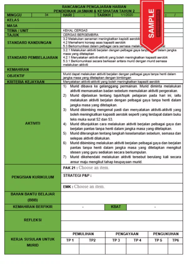 RPH dan RPT PPKI Pendidikan Jasmani Tahun 2 TS2
