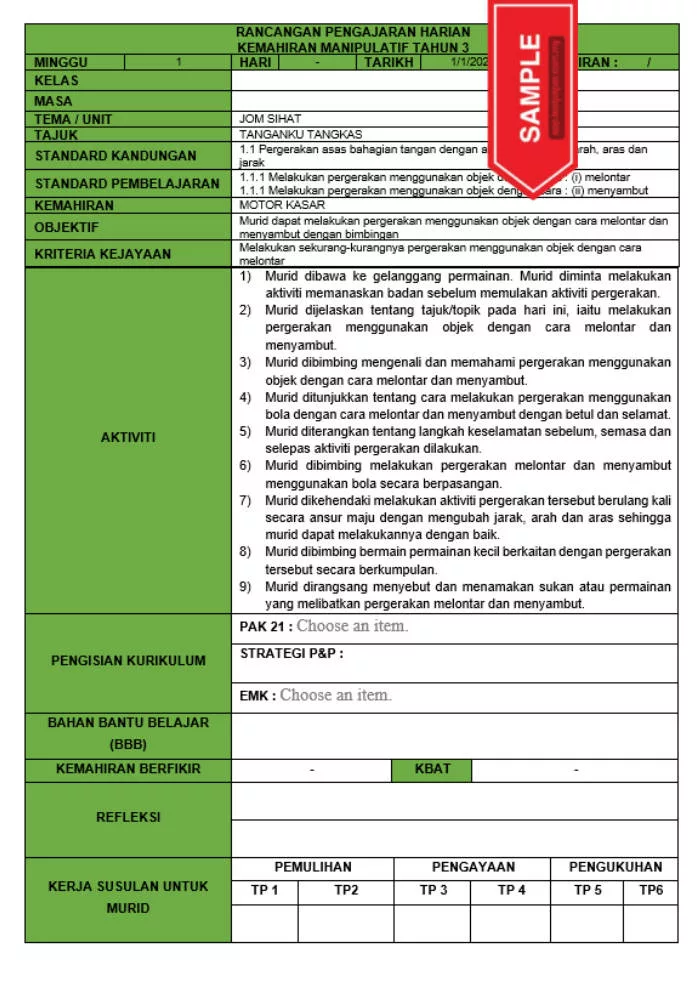 RPH dan RPT PPKI Kemahiran Manipulatif Tahun 3 TS25