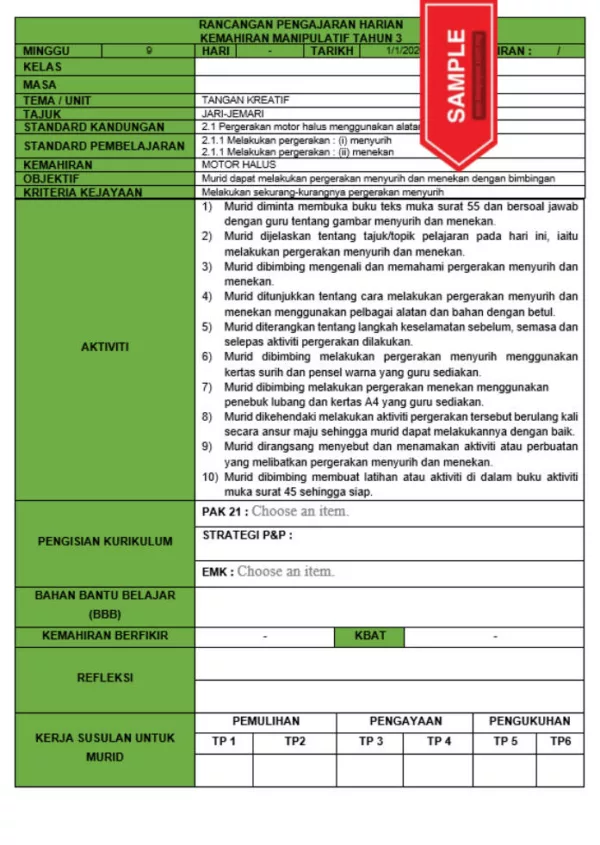 RPH dan RPT PPKI Kemahiran Manipulatif Tahun 3 TS25