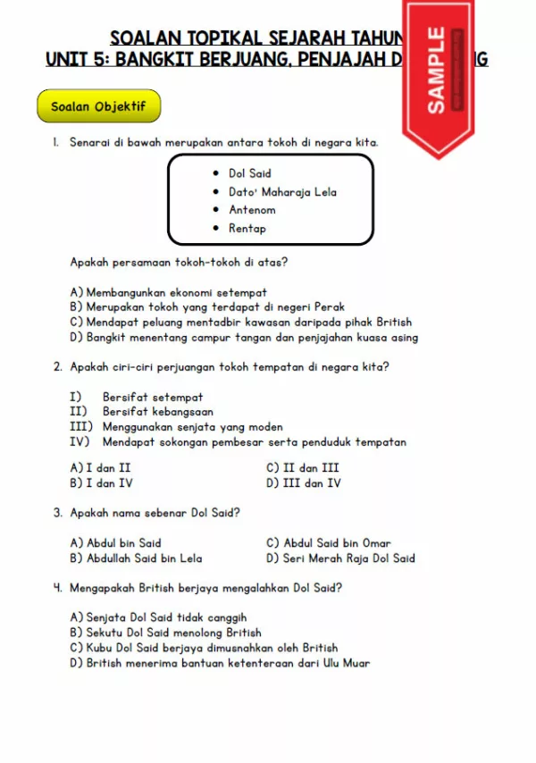 Soalan Latih Tubi Sejarah Tahun 5 KSSR