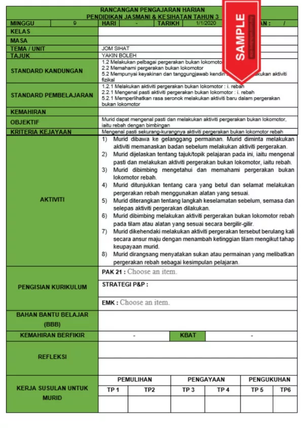 RPH dan RPT PPKI Pendidikan Jasmani Tahun 3 TS25