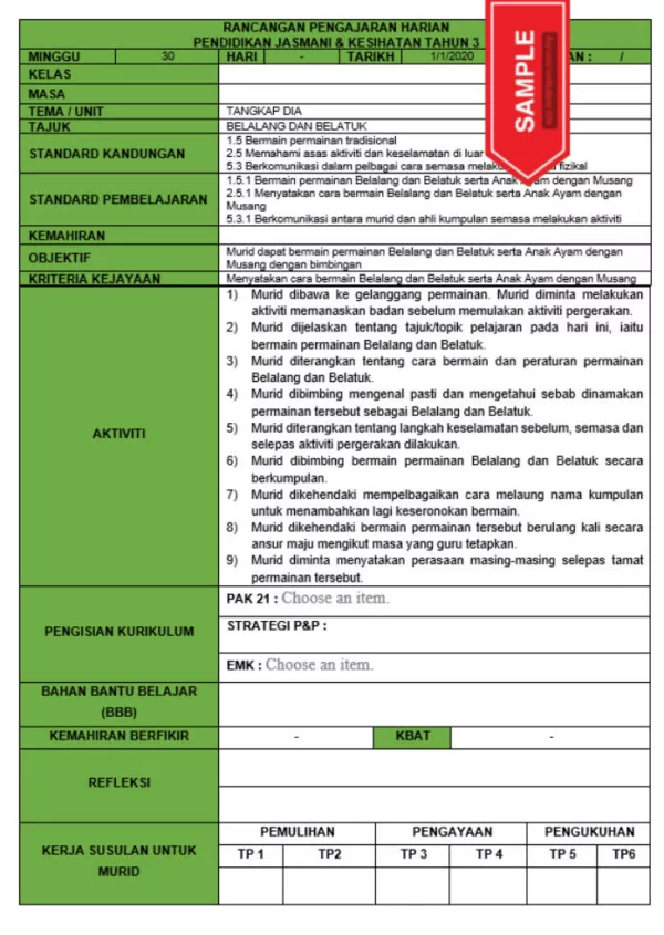 RPH dan RPT PPKI Pendidikan Jasmani Tahun 3 TS25