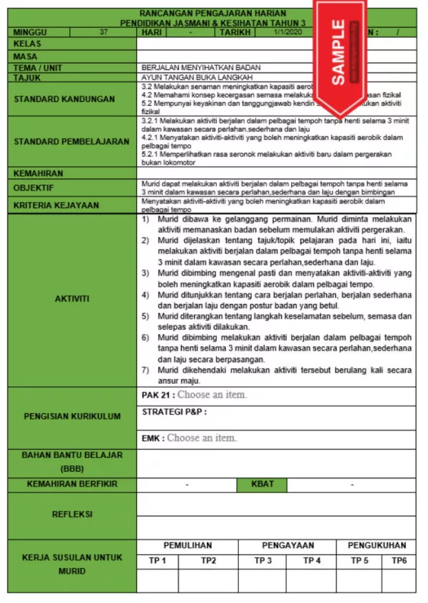 RPH dan RPT PPKI Pendidikan Jasmani Tahun 3 TS25