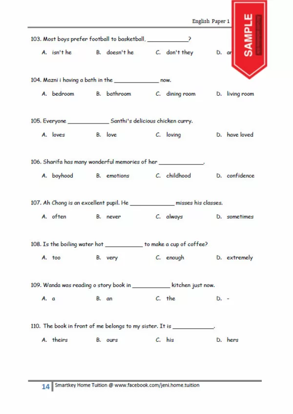 Latihan Soalan Revision English Year 6 Kertas 1