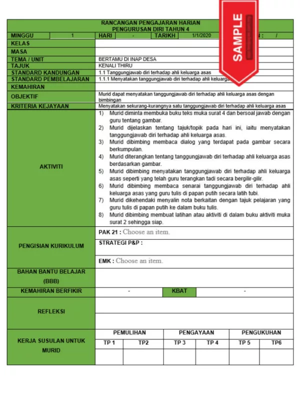 RPH dan RPT PPKI Pengurusan Diri Tahun 4 TS25