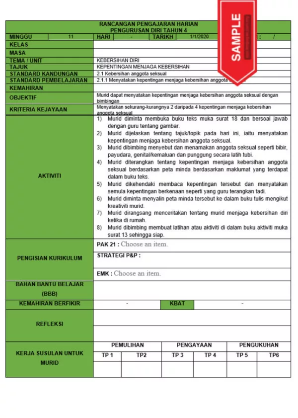 RPH dan RPT PPKI Pengurusan Diri Tahun 4 TS25