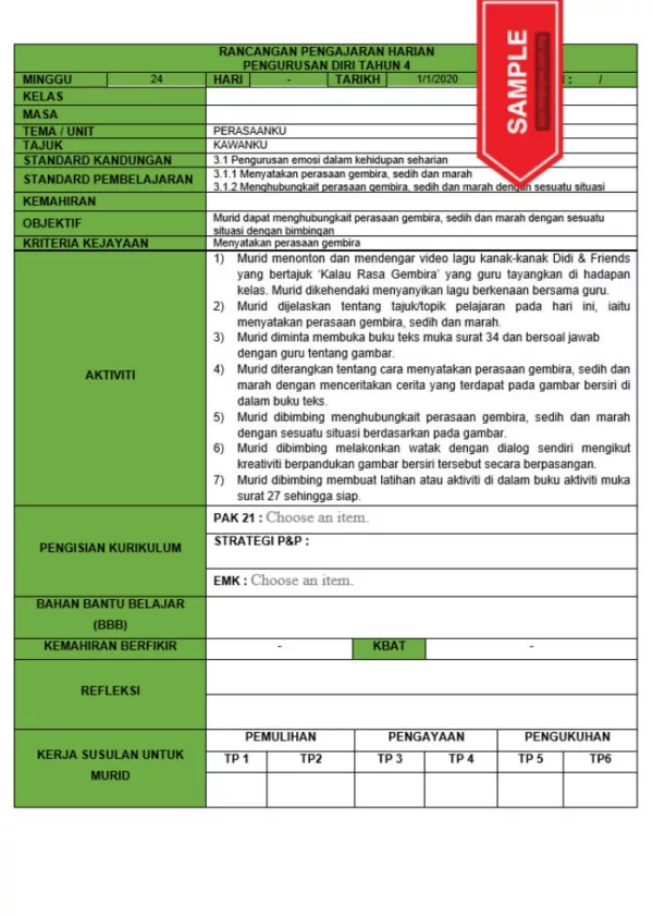 RPH dan RPT PPKI Pengurusan Diri Tahun 4 TS25