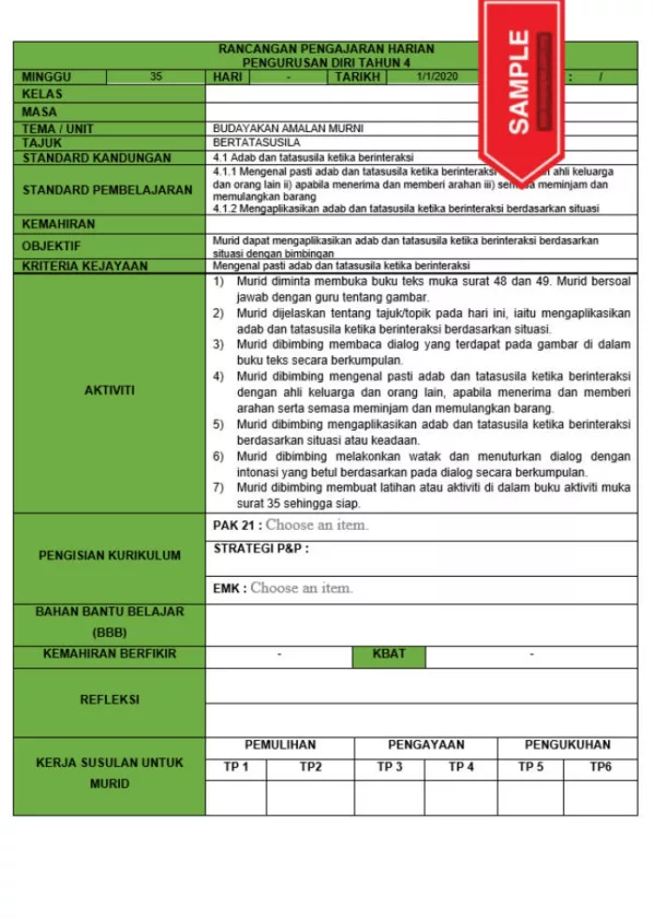 RPH dan RPT PPKI Pengurusan Diri Tahun 4 TS25