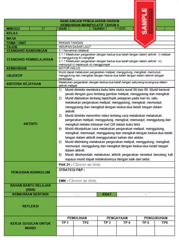 RPH dan RPT PPKI Kemahiran Manipulatif Tahun 4 TS25