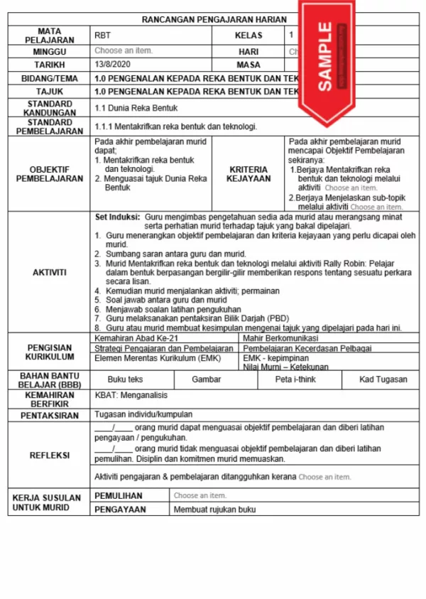 RPH Reka Bentuk Teknologi Tingkatan 1 KSSM