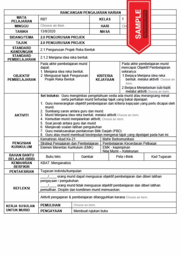 RPH Reka Bentuk Teknologi Tingkatan 1 KSSM