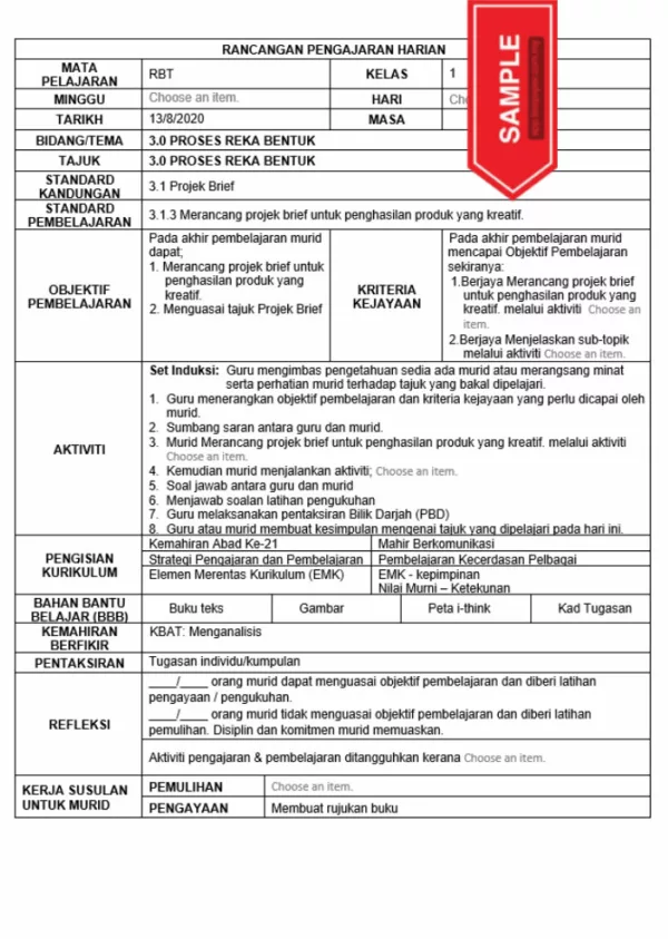 RPH Reka Bentuk Teknologi Tingkatan 1 KSSM