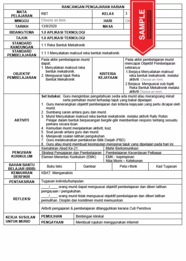 RPH Reka Bentuk Teknologi Tingkatan 3 KSSM