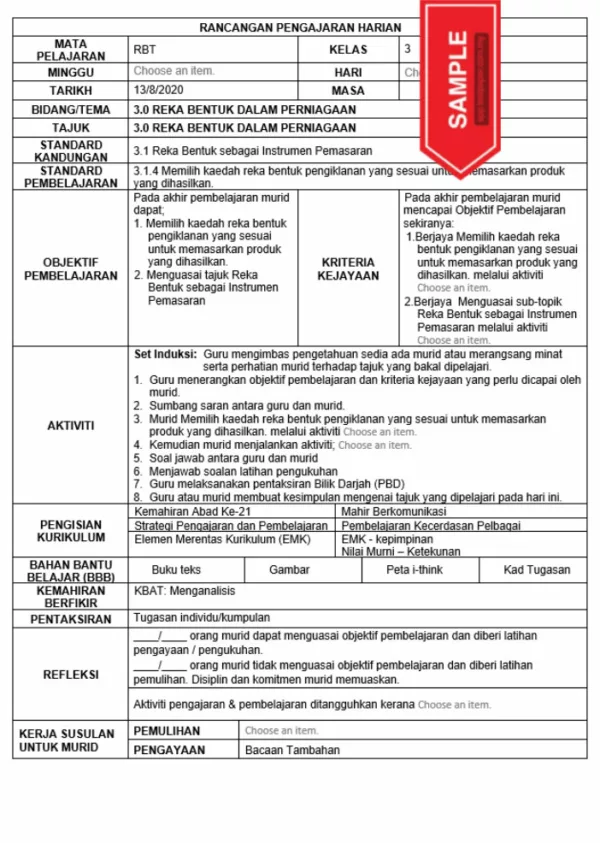 RPH Reka Bentuk Teknologi Tingkatan 3 KSSM