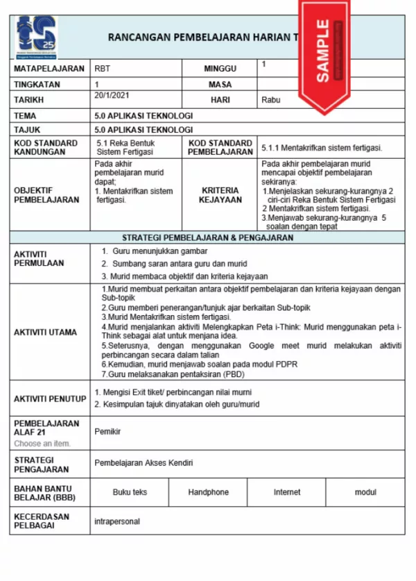 RPH Reka Bentuk Teknologi Tingkatan 1 TS25