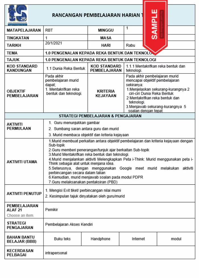 RPH Reka Bentuk Teknologi Tingkatan 1 TS25