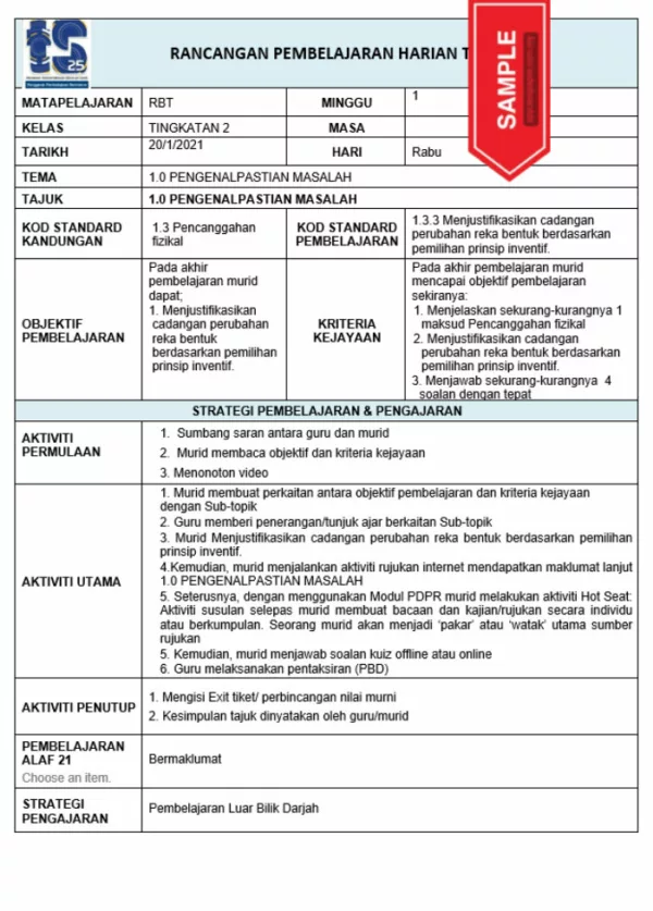 RPH Reka Bentuk Teknologi Tingkatan 2 TS25