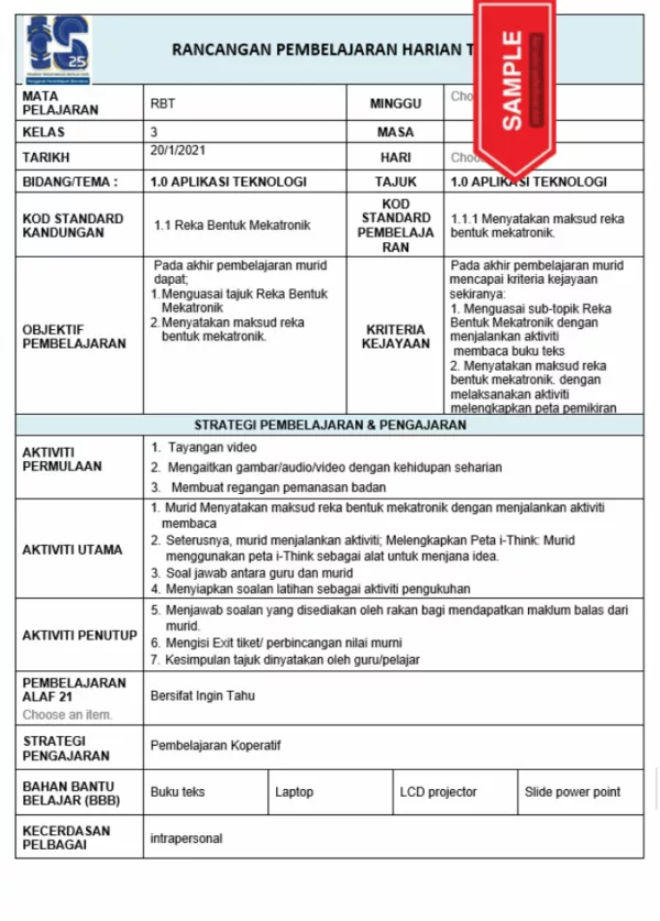 RPH Reka Bentuk Teknologi Tingkatan 3 TS25