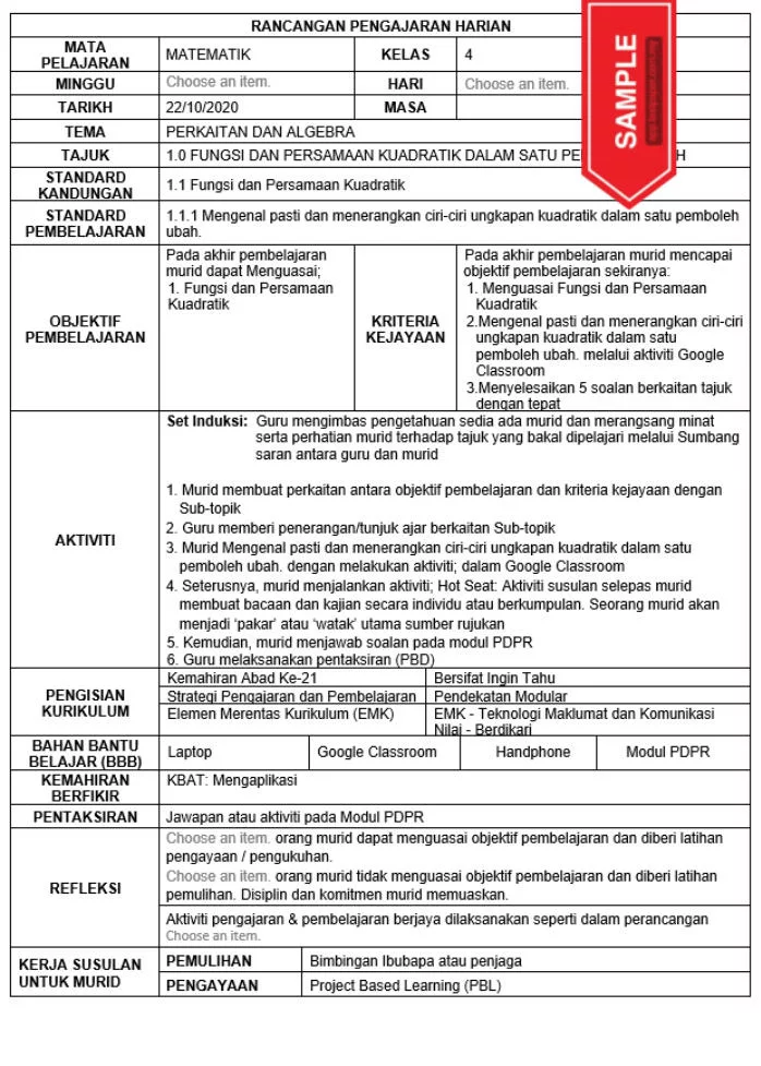 RPH Matematik Tingkatan 4 KSSM