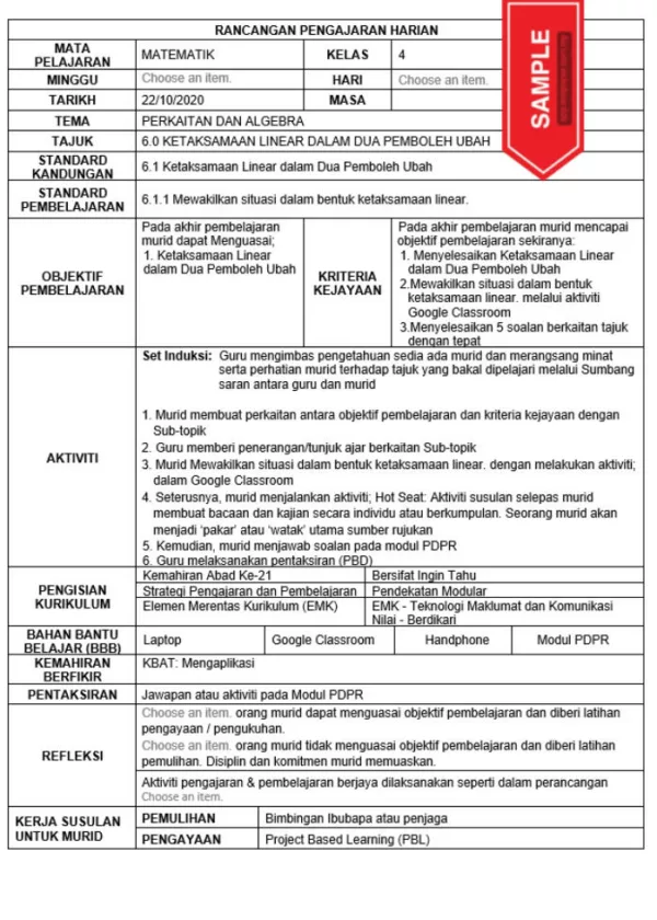 RPH Matematik Tingkatan 4 KSSM