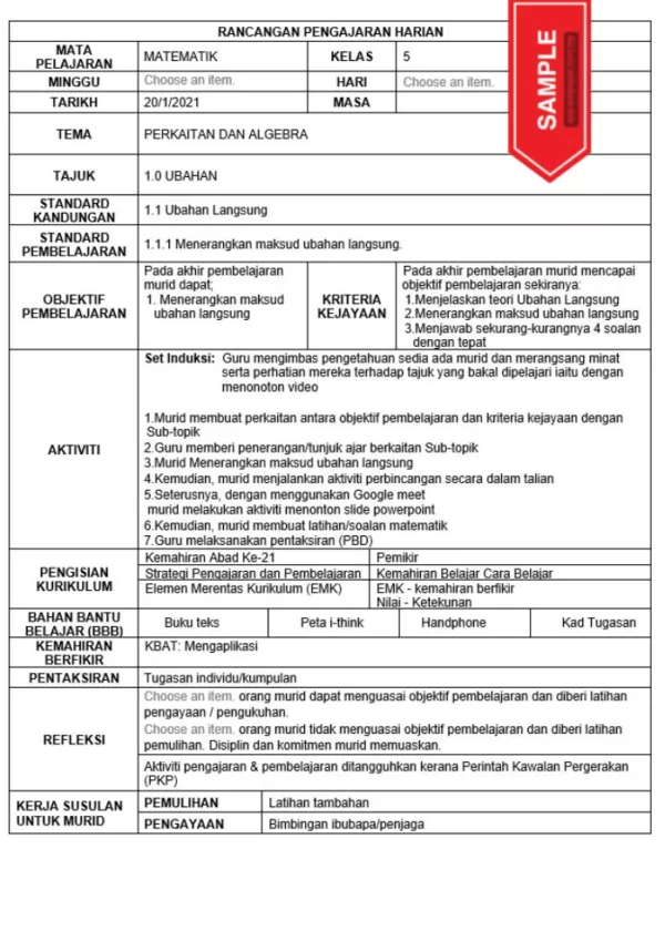 RPH Matematik Tingkatan 5 KSSM