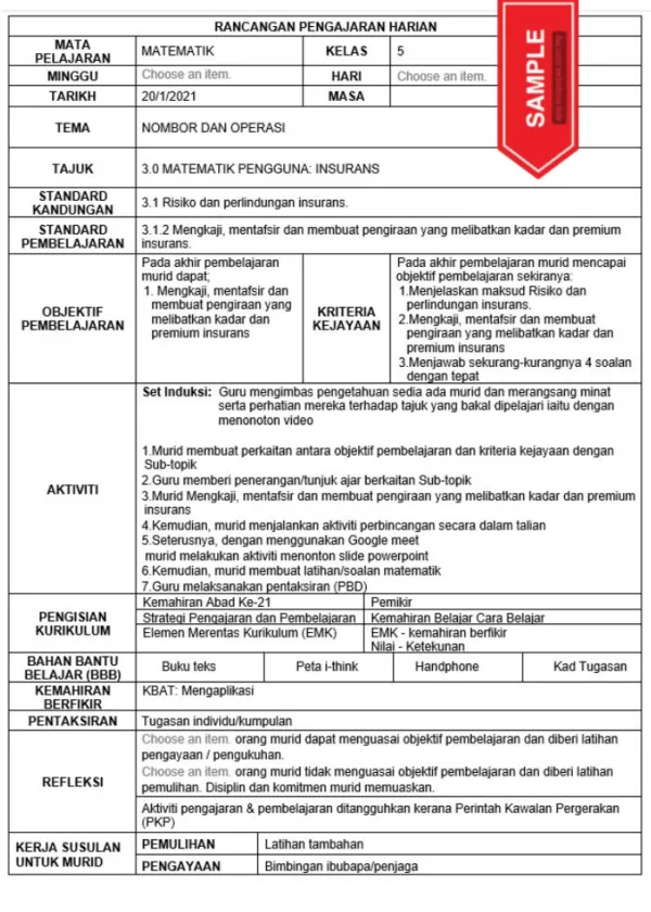 RPH Matematik Tingkatan 5 KSSM