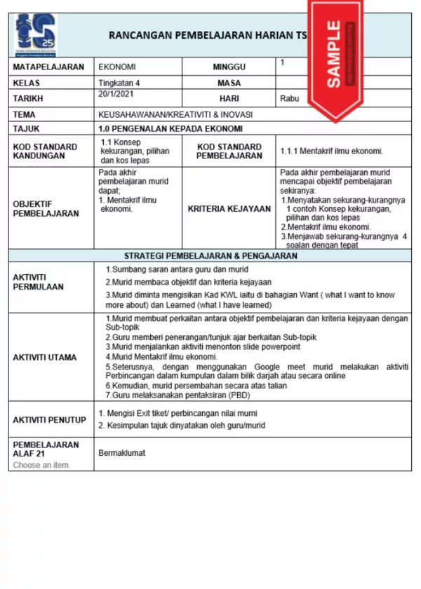 RPH Ekonomi Tingkatan 4 TS25