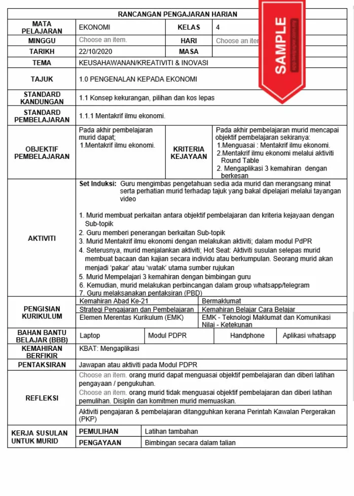 Download Bahan RPH Ekonomi Tingkatan 4 KSSM yang Quality