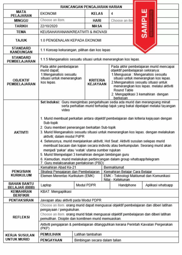 Download Bahan RPH Ekonomi Tingkatan 4 KSSM yang Quality