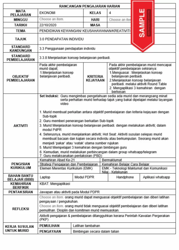 Download Bahan RPH Ekonomi Tingkatan 4 KSSM yang Quality