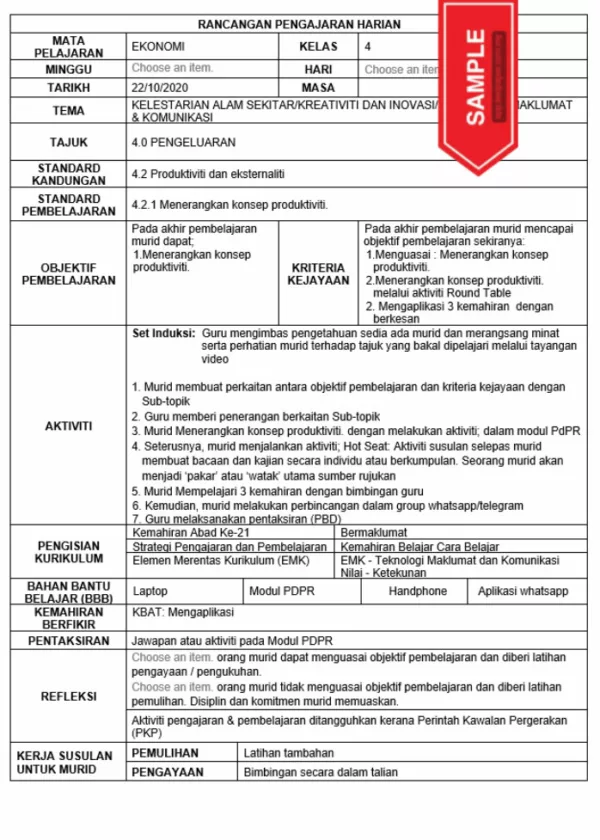 Download Bahan RPH Ekonomi Tingkatan 4 KSSM yang Quality