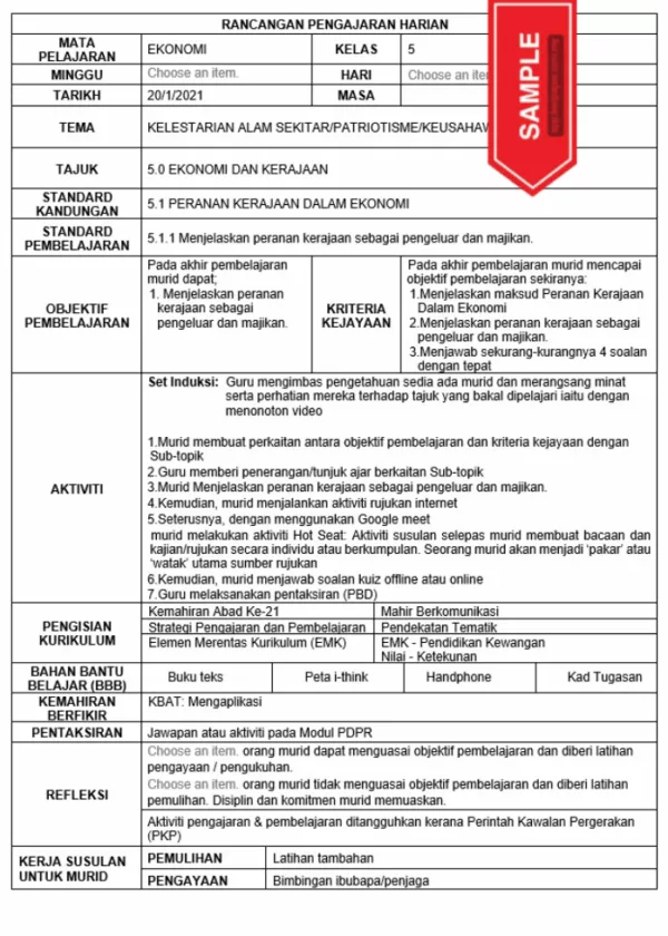 RPH Ekonomi Tingkatan 5 KSSM