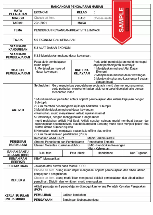 RPH Ekonomi Tingkatan 5 KSSM