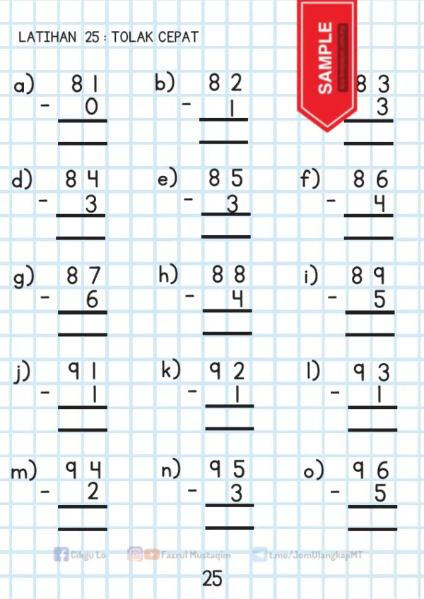 Soalan Latihan Tolak Matematik Tahun 1