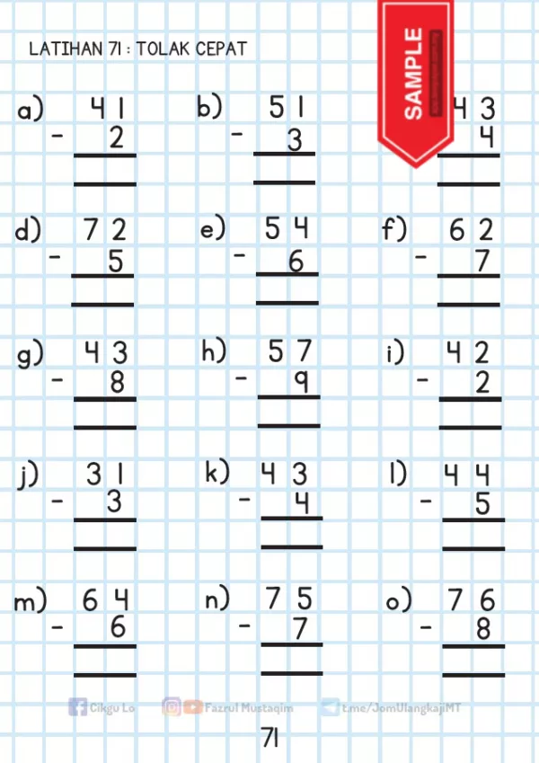 Soalan Latihan Tolak Matematik Tahun 1