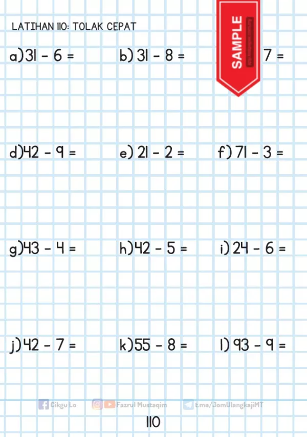 Soalan Latihan Tolak Matematik Tahun 1