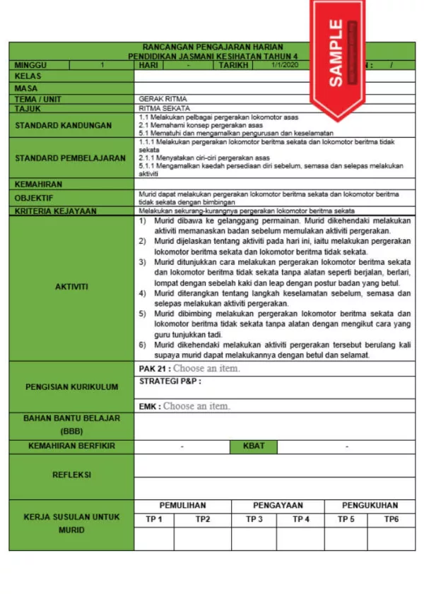 RPH dan RPT PPKI Pendidikan Jasmani Kesihatan Tahun 4 TS25