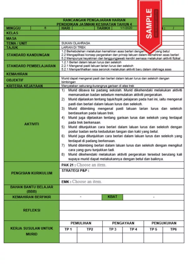 RPH dan RPT PPKI Pendidikan Jasmani Kesihatan Tahun 4 TS25