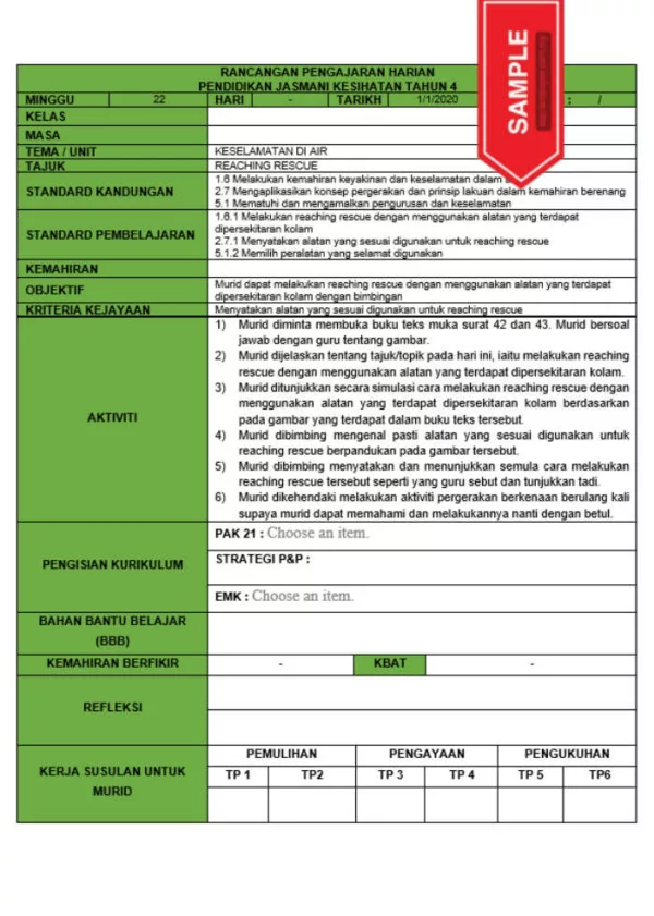 RPH dan RPT PPKI Pendidikan Jasmani Kesihatan Tahun 4 TS25