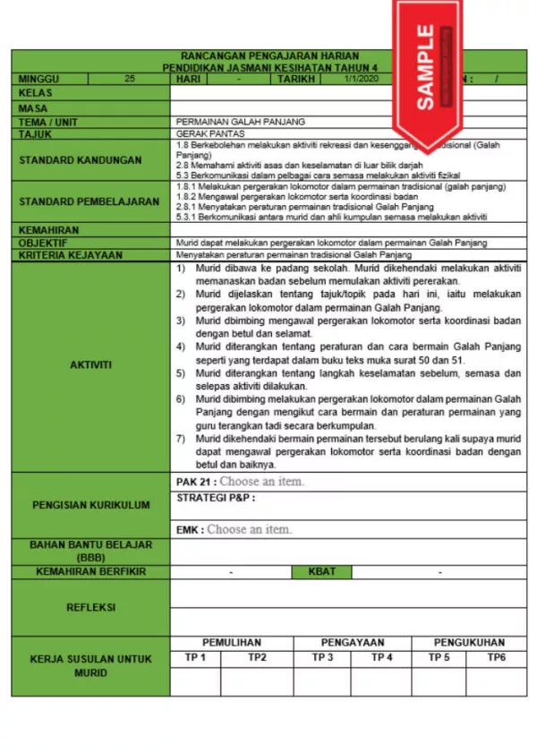 RPH dan RPT PPKI Pendidikan Jasmani Kesihatan Tahun 4 TS25
