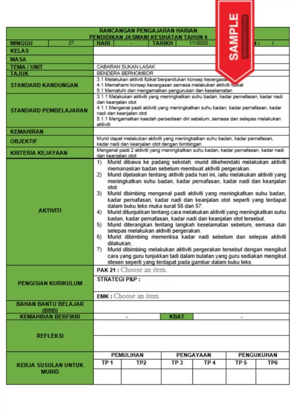 RPH dan RPT PPKI Pendidikan Jasmani Kesihatan Tahun 4 TS25