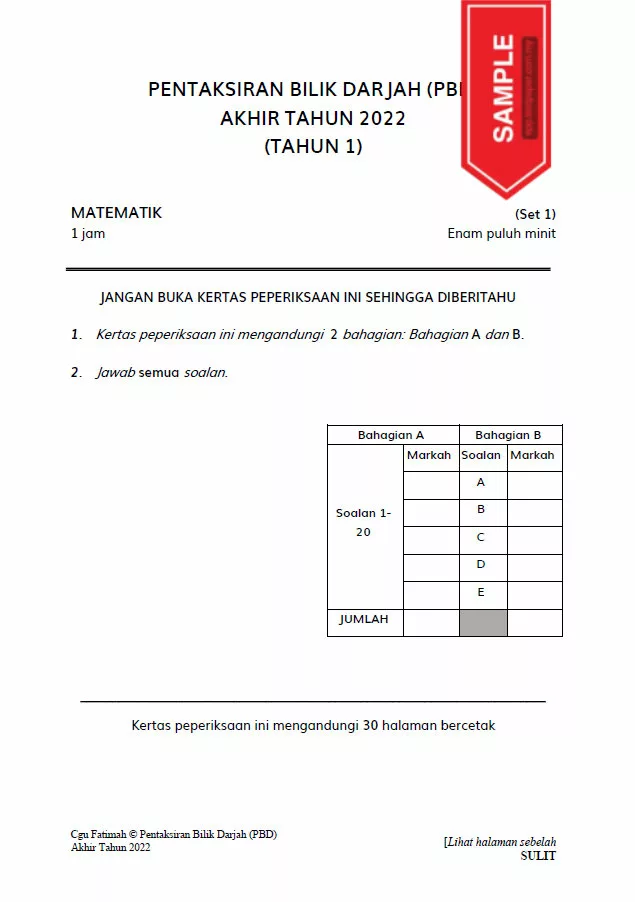 Soalan Ujian PBD Akhir Matematik Tahun 1 2022