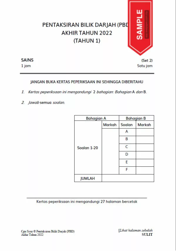 Soalan Ujian PBD Akhir Sains Tahun 1 2022