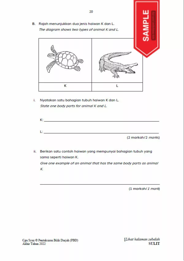 Soalan Ujian PBD Akhir Sains Tahun 1 2022